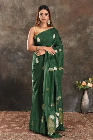 90N356-RO Dark Green Silk Saree with Silver Zari Paisley Buta