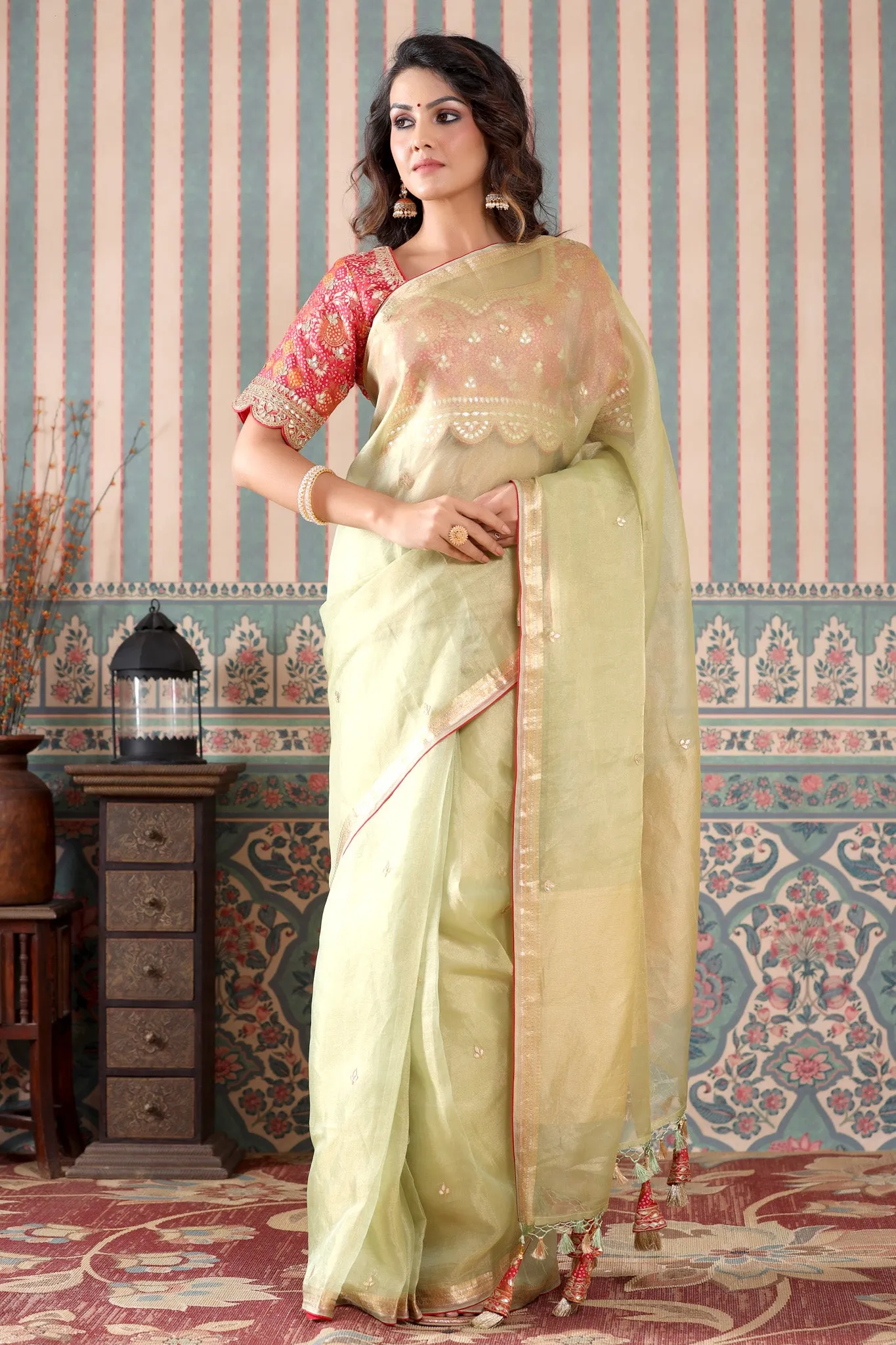 90Z512-RO Pista Green Tissue Silk Sari with Pink Embroidered Blouse