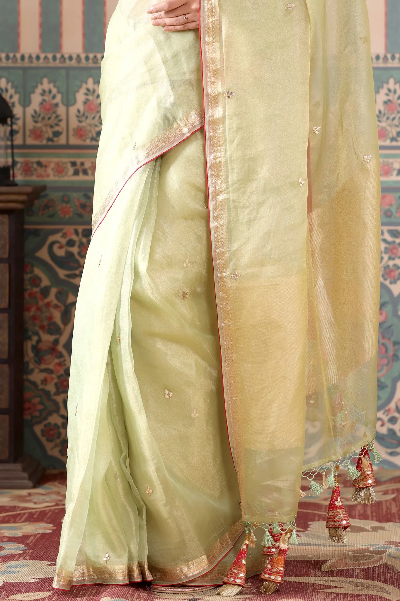 90Z512-RO Pista Green Tissue Silk Sari with Pink Embroidered Blouse