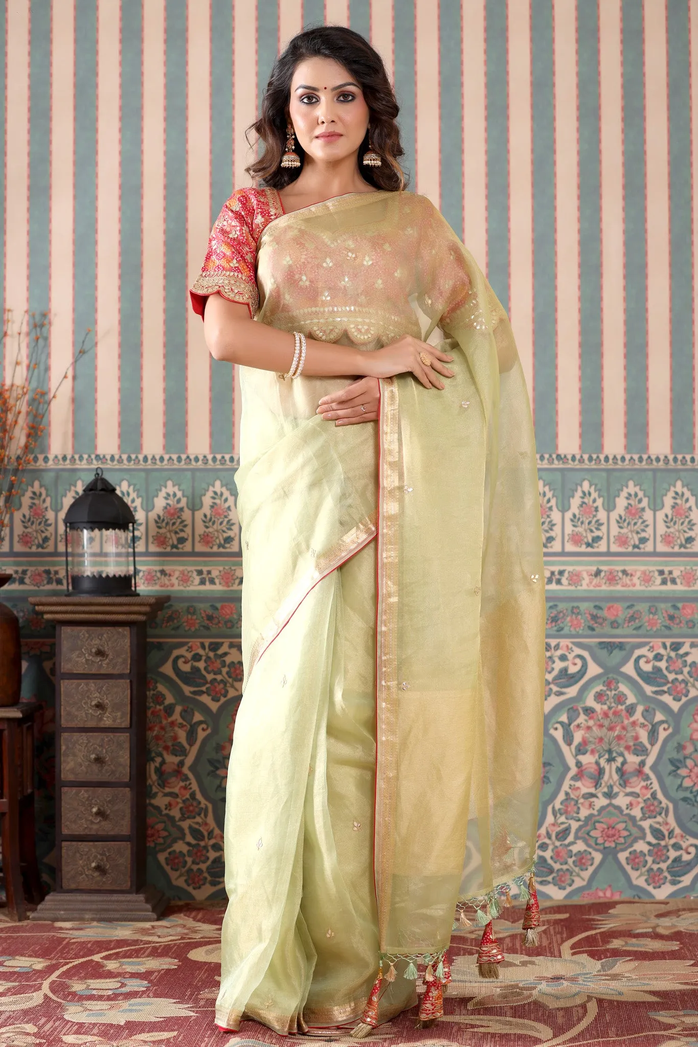 90Z512-RO Pista Green Tissue Silk Sari with Pink Embroidered Blouse