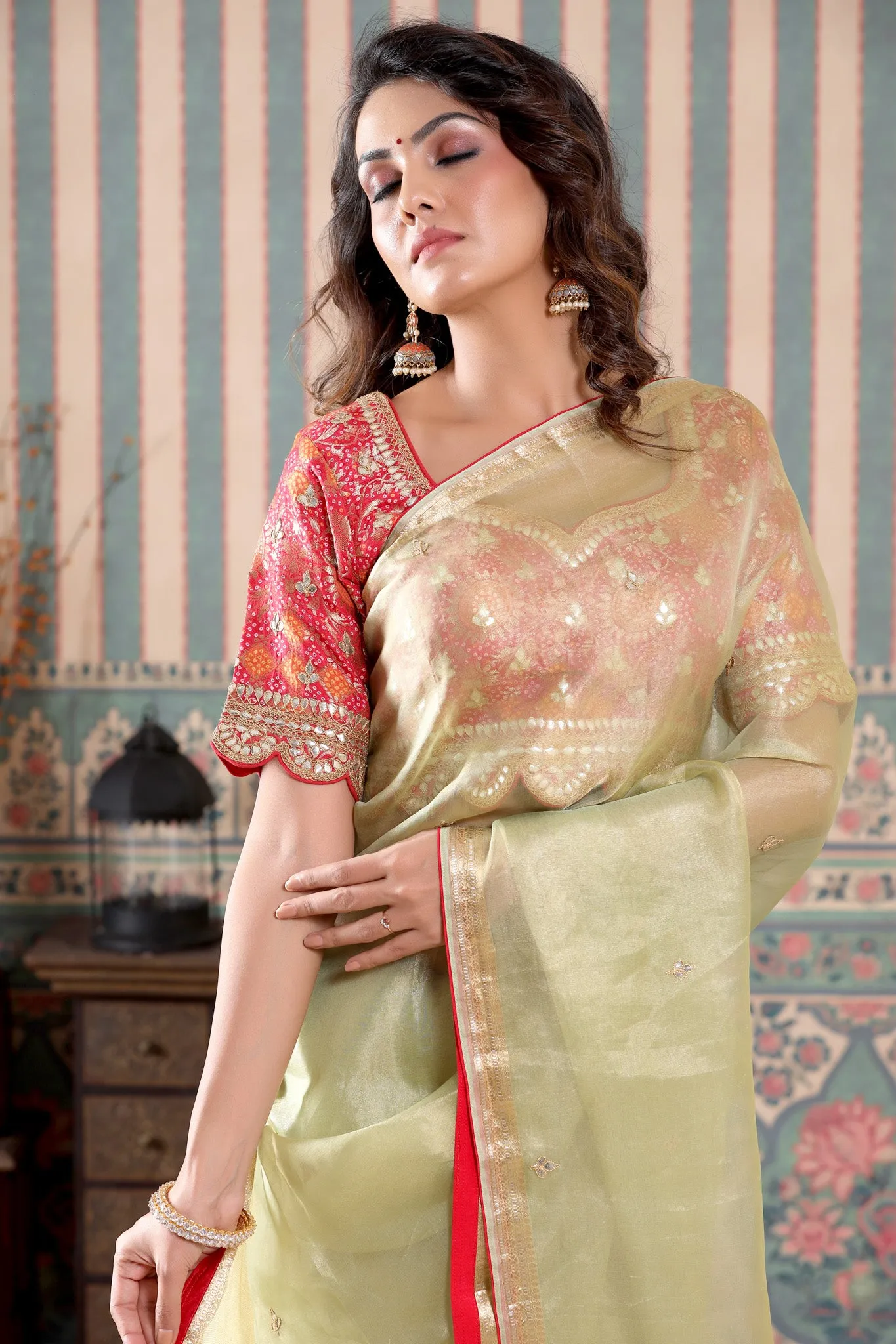 90Z512-RO Pista Green Tissue Silk Sari with Pink Embroidered Blouse