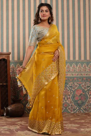 90Z621-NRO Yellow Organza Silk Sari with Green Embroidered Blouse