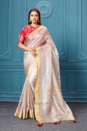 91A078 Pink Tissue Silk Saree with Red Bandhej Blouse