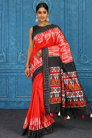 91A433 Red Pochampalli Ikkat Silk Saree with Black Border