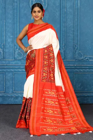 91A434 Cream and Red Pochampalli Ikkat Silk Saree