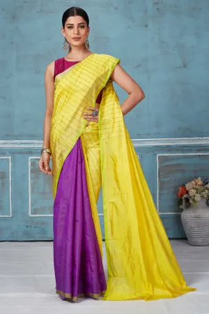 92A158 Yellow Striped and Purple Half And Half Pattu Silk Saree