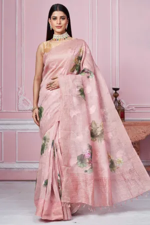 92A218 Rose Pink Floral Print Banarasi Saree