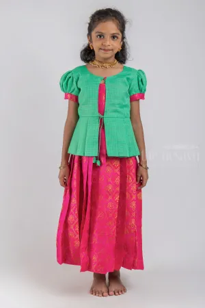 Adorable Green Silk Blouse And Pink Pleated Designer Silk Skirt For Girls