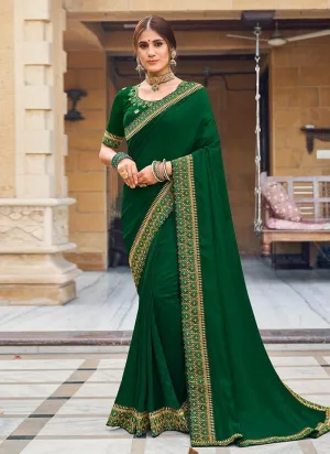 Art Silk Fabric Green Color Zari Work Saree With Matching Blouse