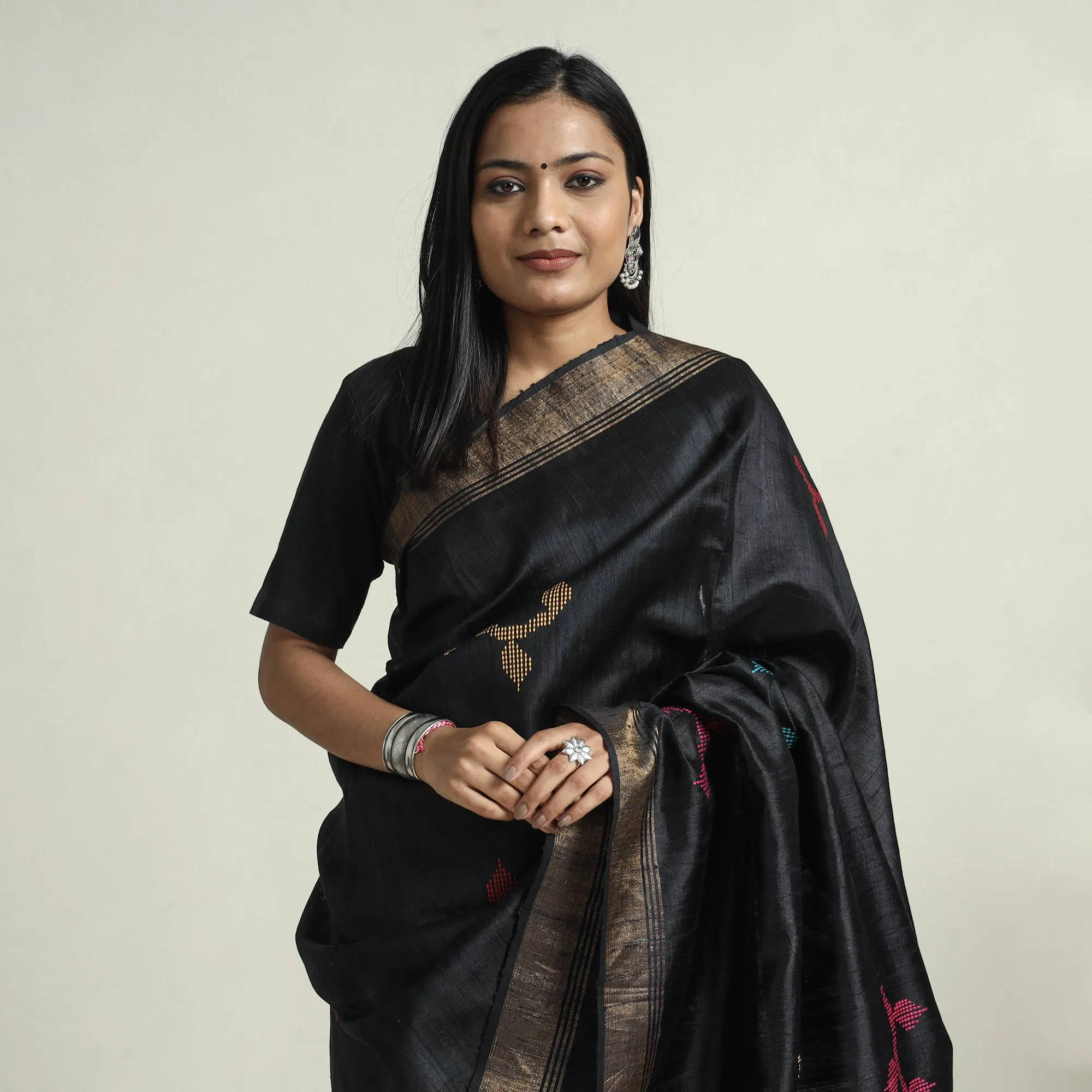 Black - Bhagalpuri Pure Desi Tussar Silk Handloom Saree with Zari Border