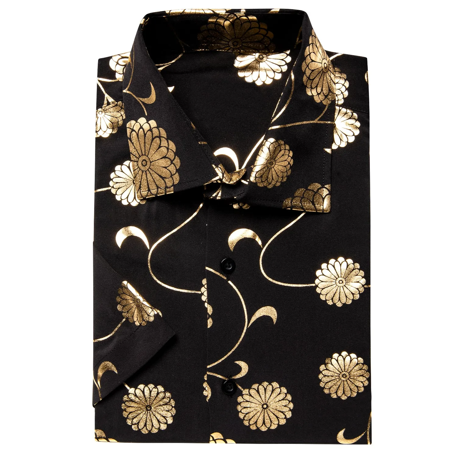 Black Shirt with Golden Chrysanthemum Floral Silk Men's Short Sleeve Shirt