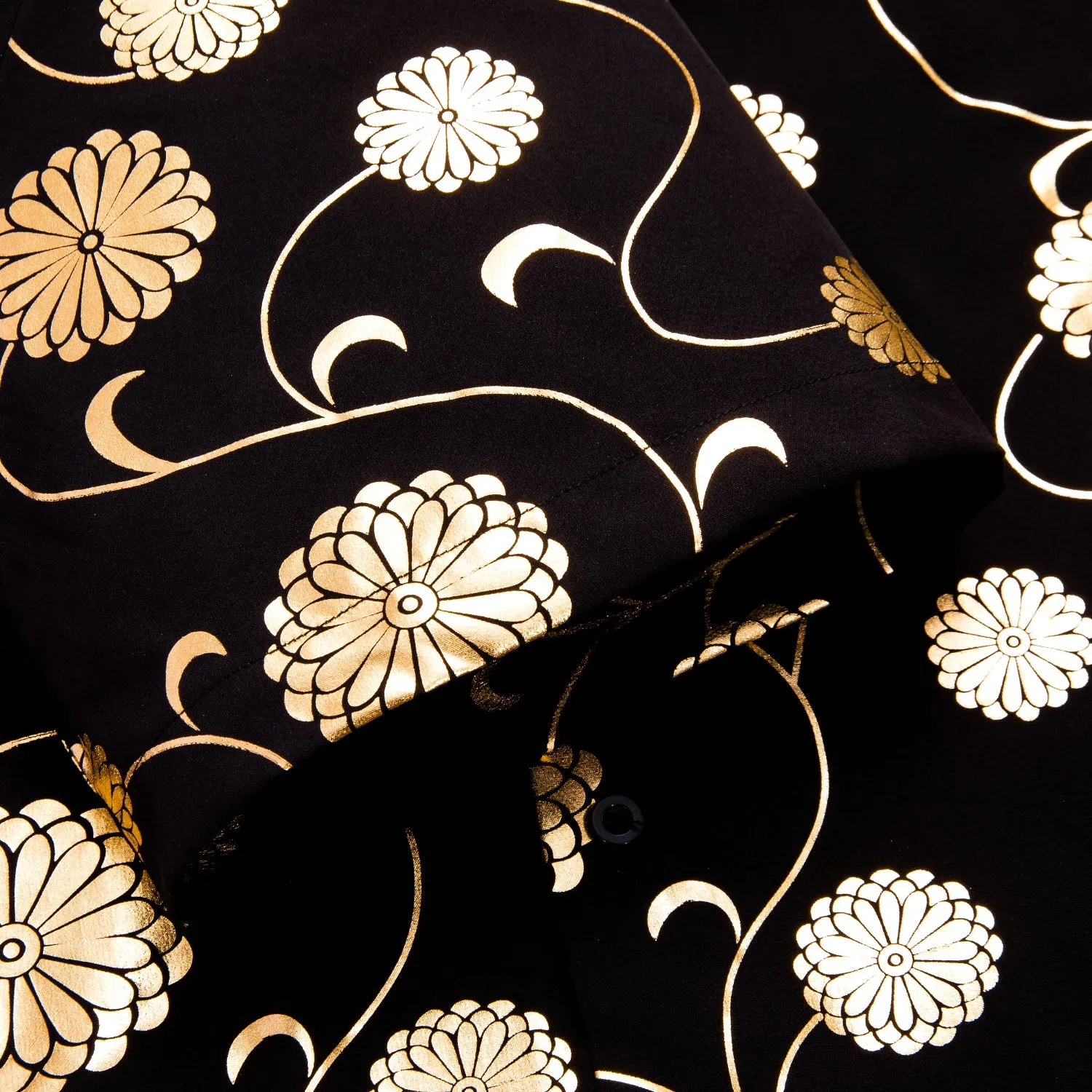 Black Shirt with Golden Chrysanthemum Floral Silk Men's Short Sleeve Shirt