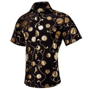 Black Shirt with Golden Chrysanthemum Floral Silk Men's Short Sleeve Shirt