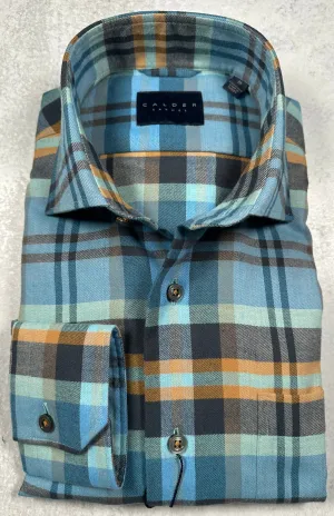 Calder Carmel Melange Brushed Twill Exploded Blanket Plaid Sport Shirt in Turquoise