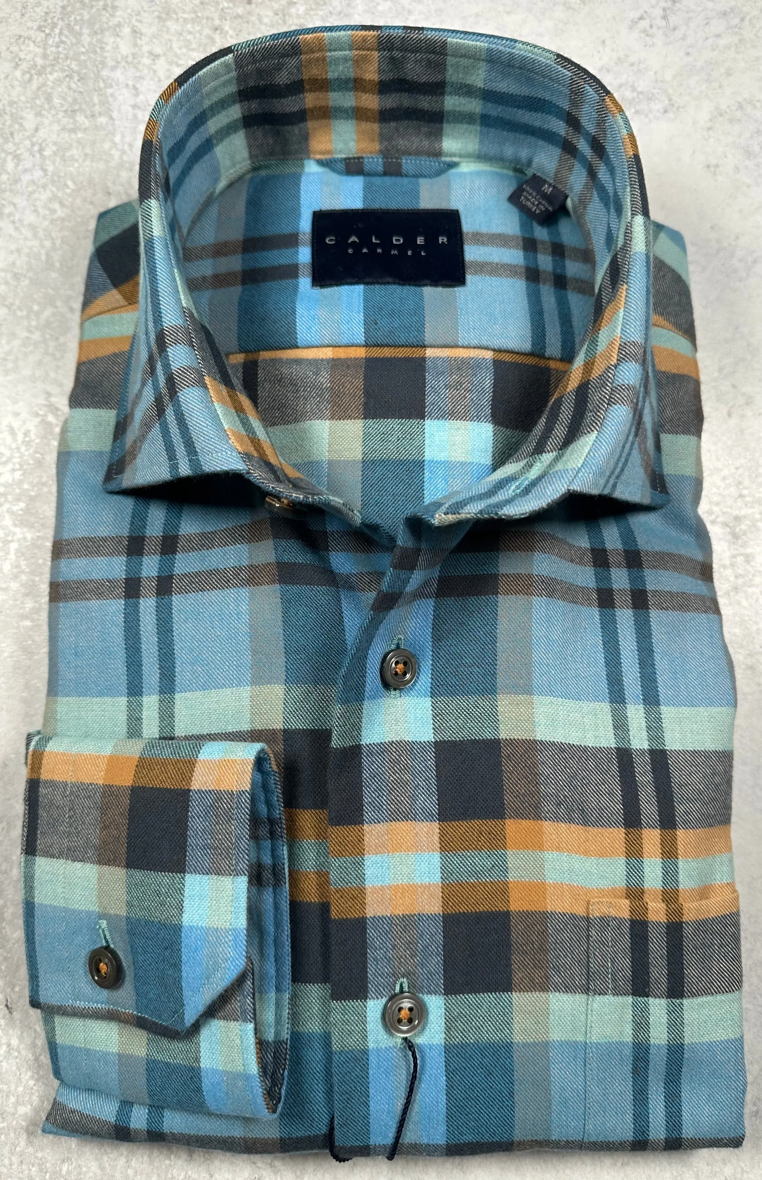 Calder Carmel Melange Brushed Twill Exploded Blanket Plaid Sport Shirt in Turquoise