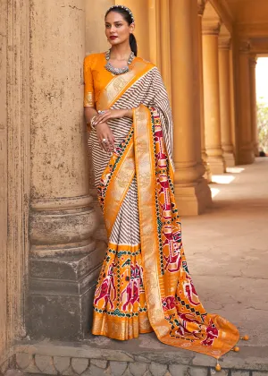 Chrome Yellow Designer Patola Silk Saree with Zari Border & Stone work