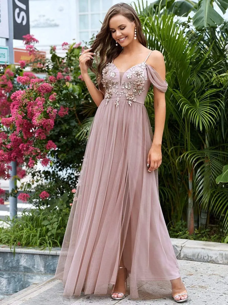 Cold Shoulder Floral Applique Tulle Evening Dress