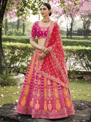 Designer Rani and Orange Embroidery Banarasi Silk Lehenga