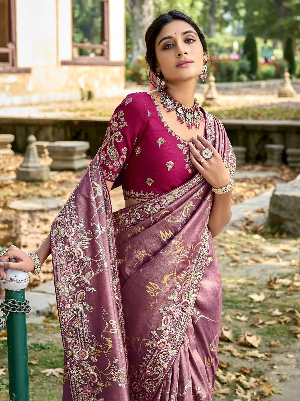 dusty rose gadwal silk saree with elegant embroidery and handwork