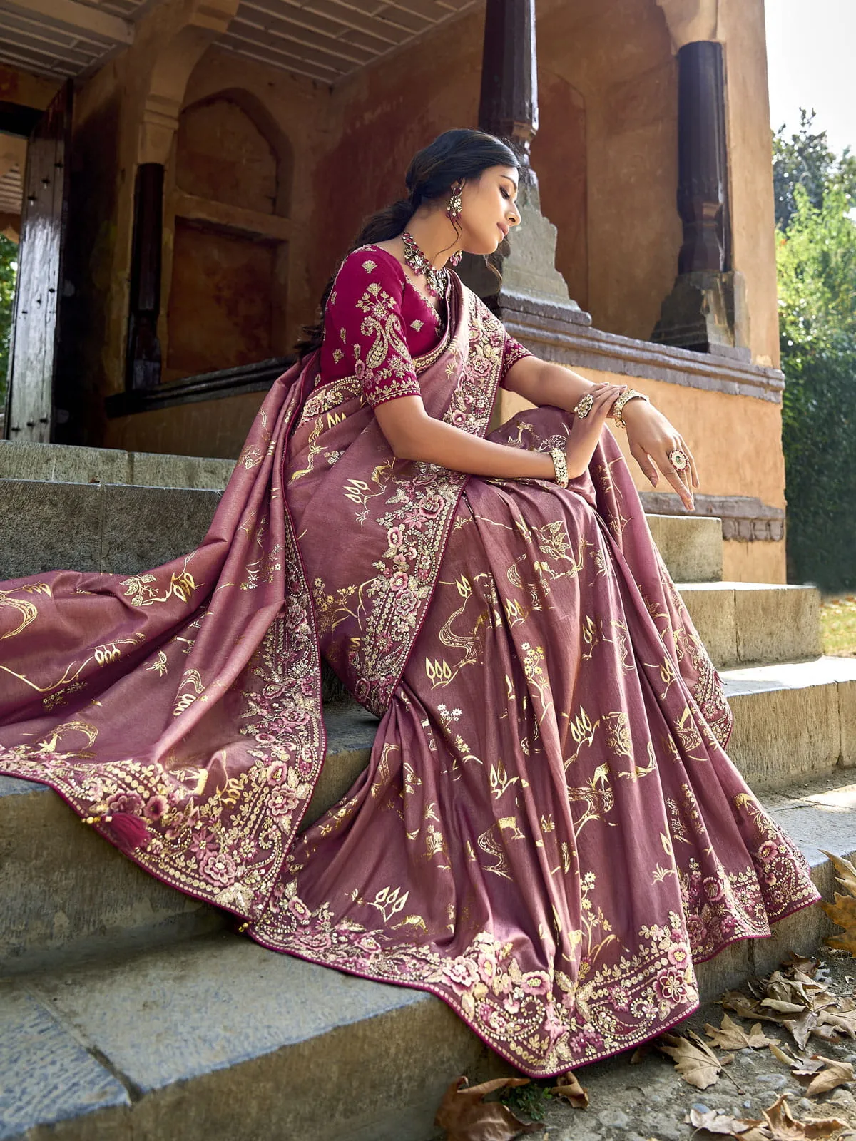 dusty rose gadwal silk saree with elegant embroidery and handwork