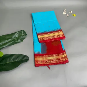 Gadwal Saree- Blue and Red W/ Gold & White thread Zari (Attached Blouse Material)