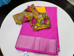 Hot pink Mangalgiri saree with stitched blouse