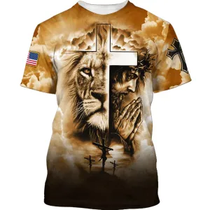 Jesus Prayer And The Lion Of Judah 3d Shirts - Christian T Shirts For Men And Women