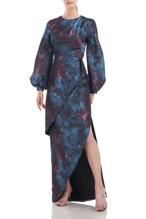 Kay Unger Crew Neck Pleated Shoulder Puffed Long Sleeve Open Slit Floral Jacquard Dress