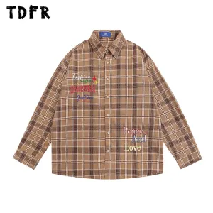 Letter Embroidery Plaid Shirts - Casual Loose Single Breasted Lapel Shirts