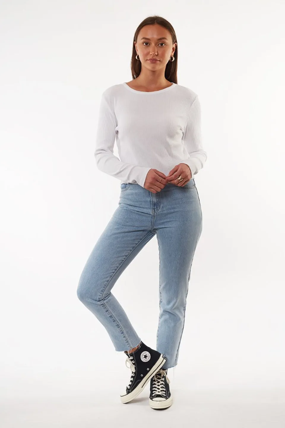 Manhattan White LS Crop Rib Tee