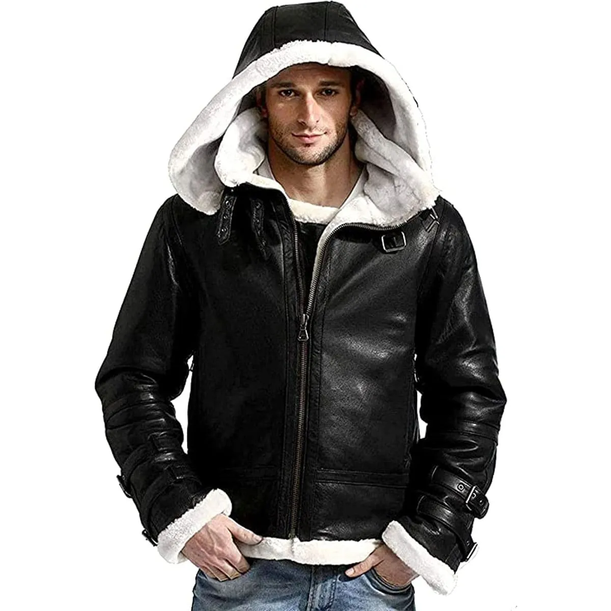 Mens’s Winter B3 WW2 Aviator Fighter Pilots Raf Bomber White Fur Black Leather Jacket