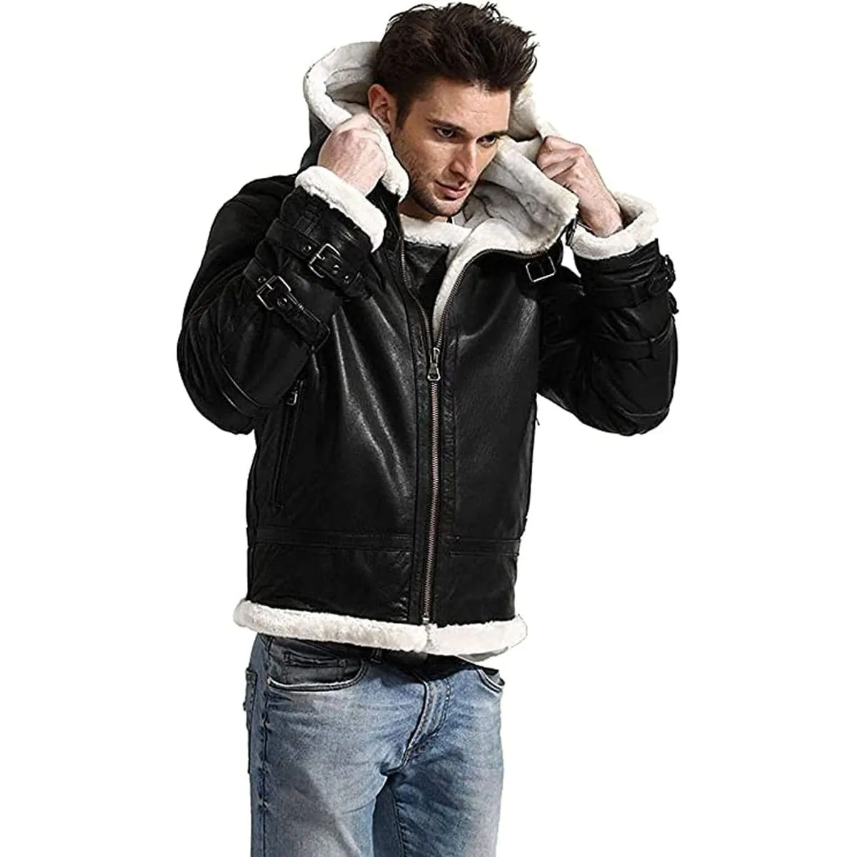 Mens’s Winter B3 WW2 Aviator Fighter Pilots Raf Bomber White Fur Black Leather Jacket