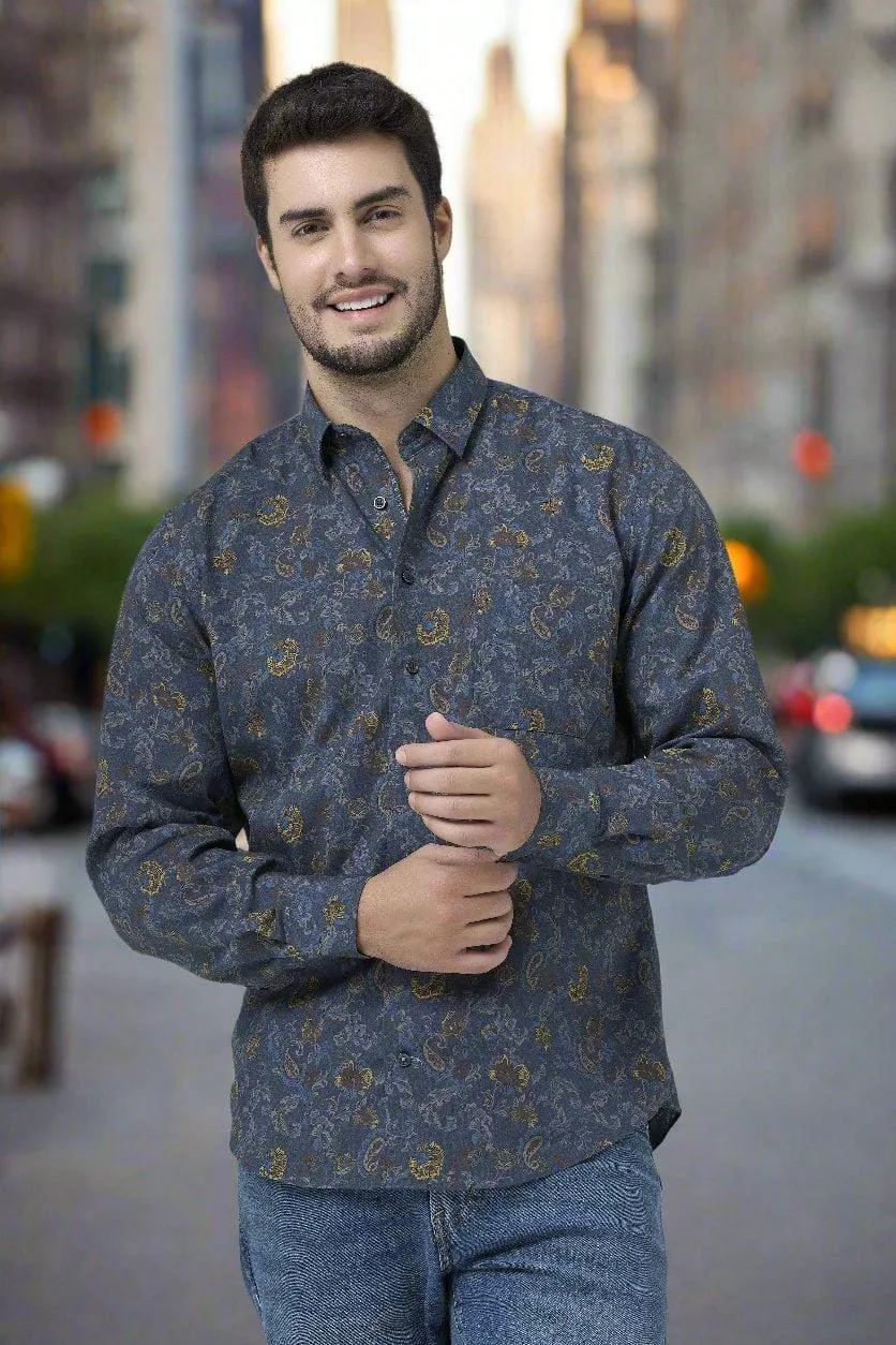 Navy Paisley Floral Long Sleeve Men's Hidden Button Down Shirt