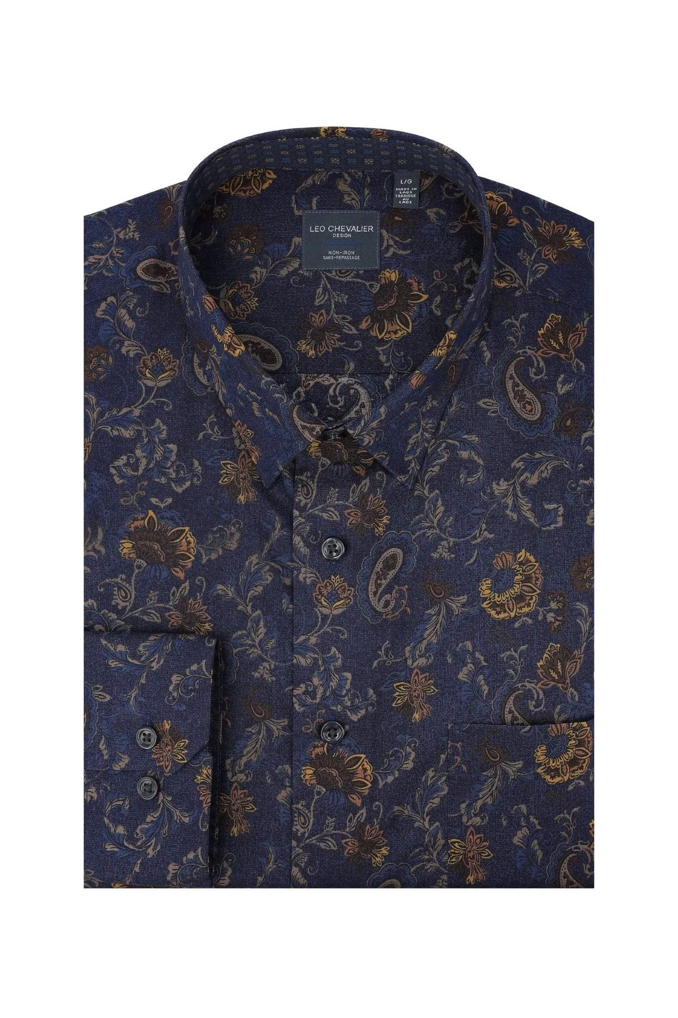 Navy Paisley Floral Long Sleeve Men's Hidden Button Down Shirt