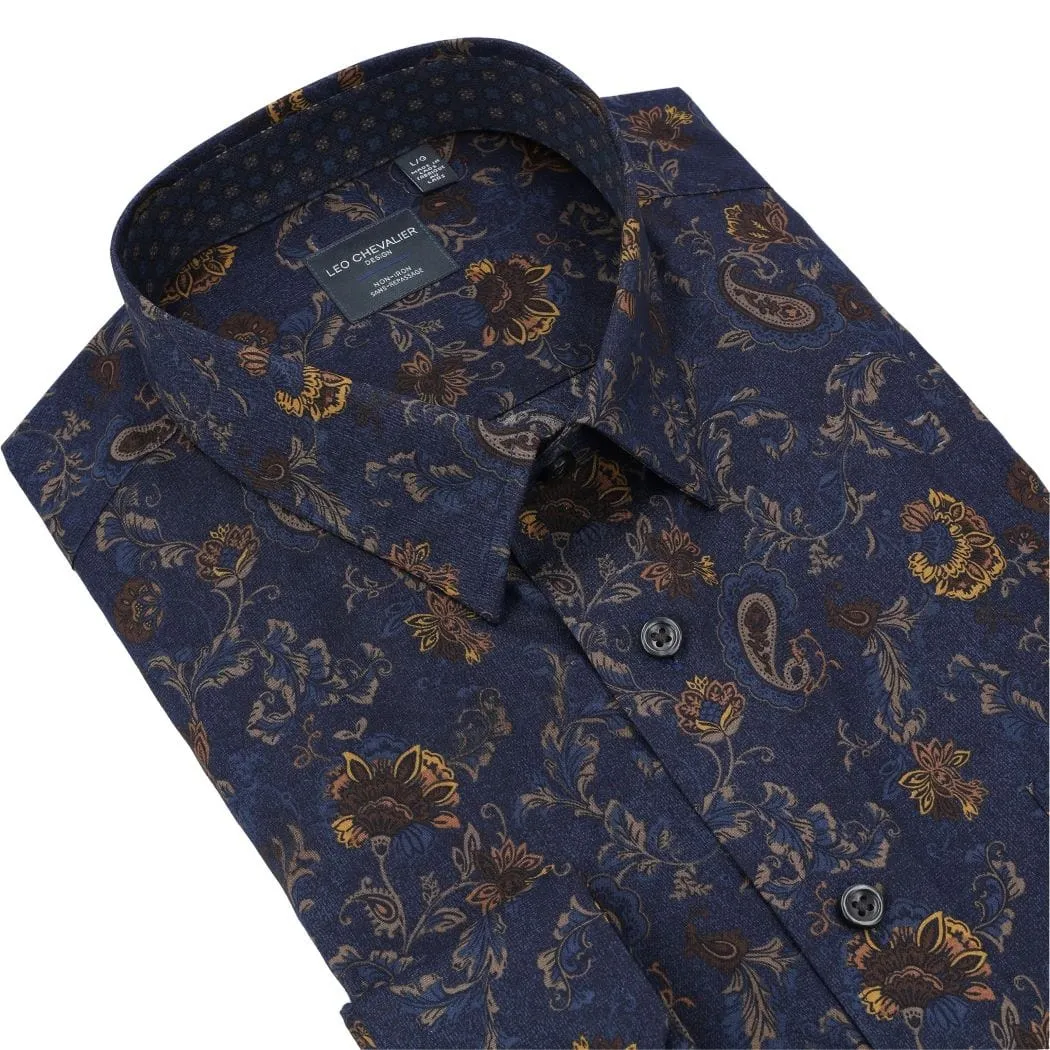 Navy Paisley Floral Long Sleeve Men's Hidden Button Down Shirt