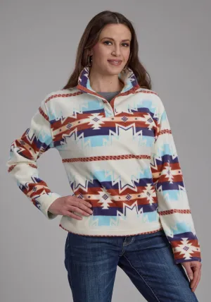 Roper Womens Large Aztec Print Cream/Blue 100% Polyester Fleece Jacket