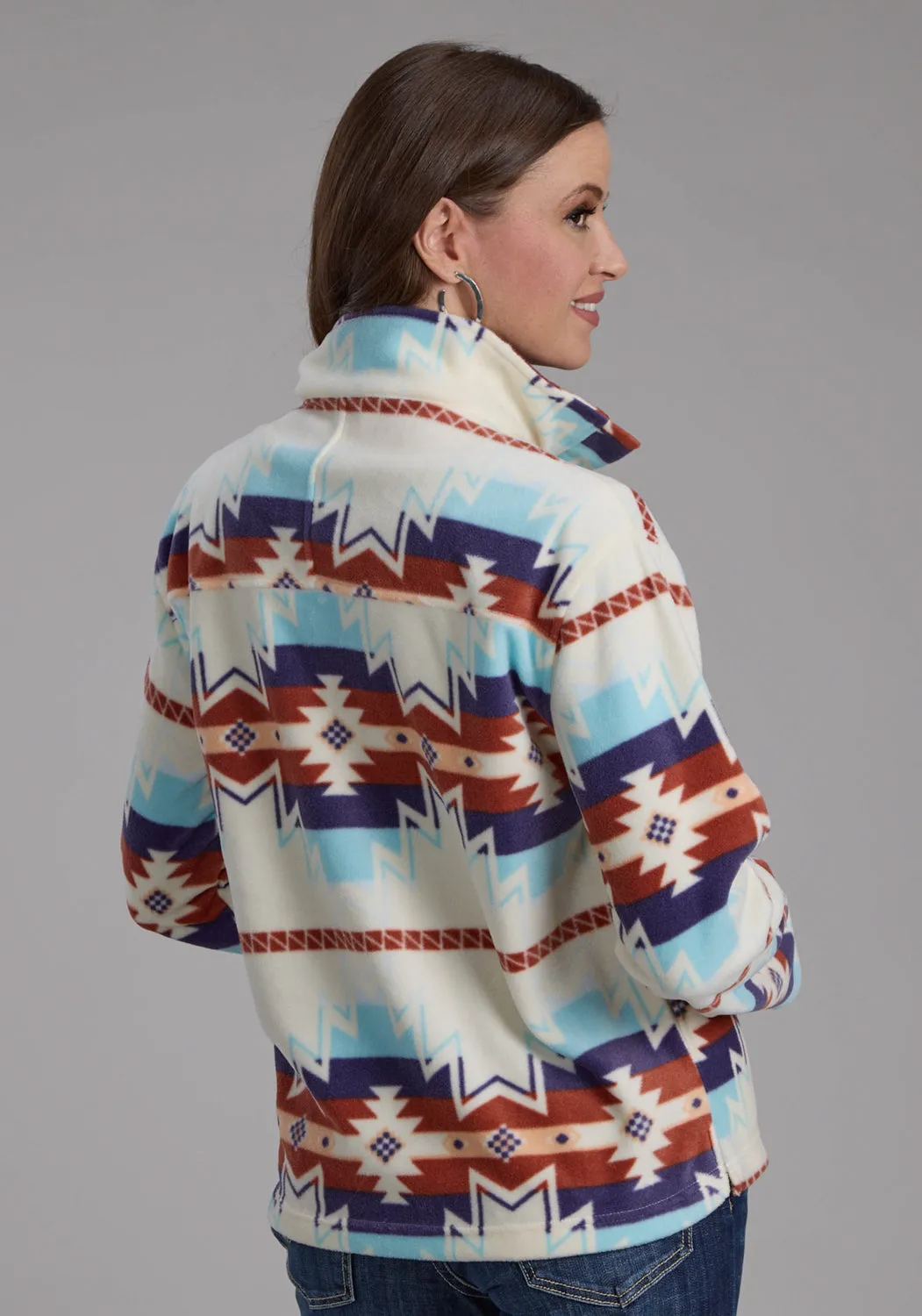 Roper Womens Large Aztec Print Cream/Blue 100% Polyester Fleece Jacket