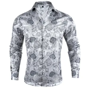 Silver Grey Floral Style Silk Men's Long Sleeve Shirt