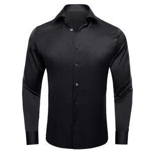 Ties2you Button Down Shirt Men's Black Solid Satin Chiffon Non-Stretch Long Sleeve Shirt