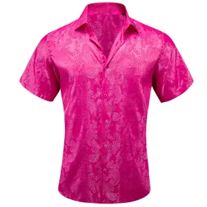 Ties2you Short Sleeve Shirt Deep Pink Woven Paisley Men's Silk Shirt