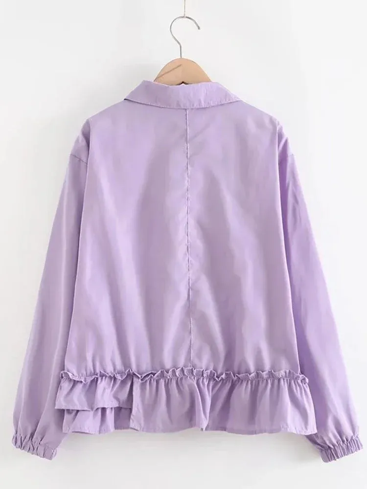 Women Jackets Purple Ruffles Patchwork Harajuku Single-breasted Coats 2024 Spring Full Sleeve Turndown Collar Pocket Outerwear